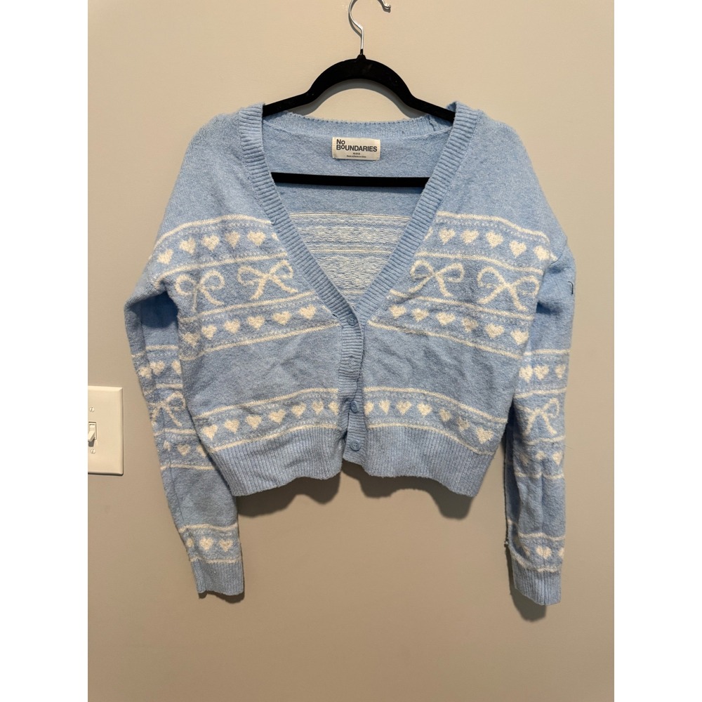 No Boundaries Women Blue Bow Heart Cropped Cardigan Sweater XS Coquette Sweater